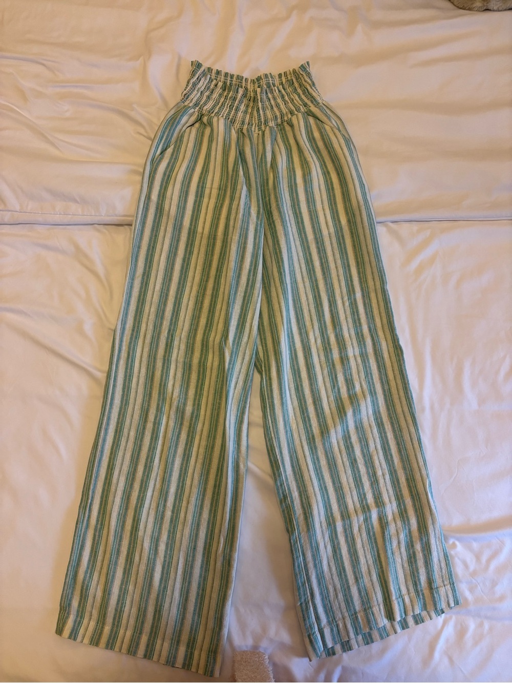 Striped Wide-Leg linen Pants - Green & Cream